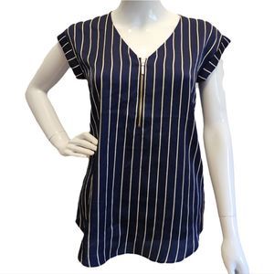 Express Navy Short Sleeve Striped Womens Blouse with Gold Zipper, Size XS